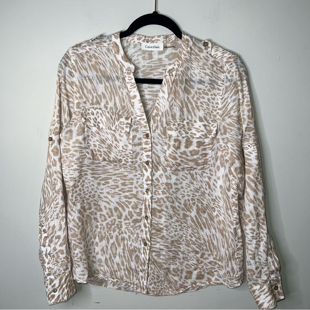 Calvin Klein Linen Cheetah Print Button Up Blouse - image 1